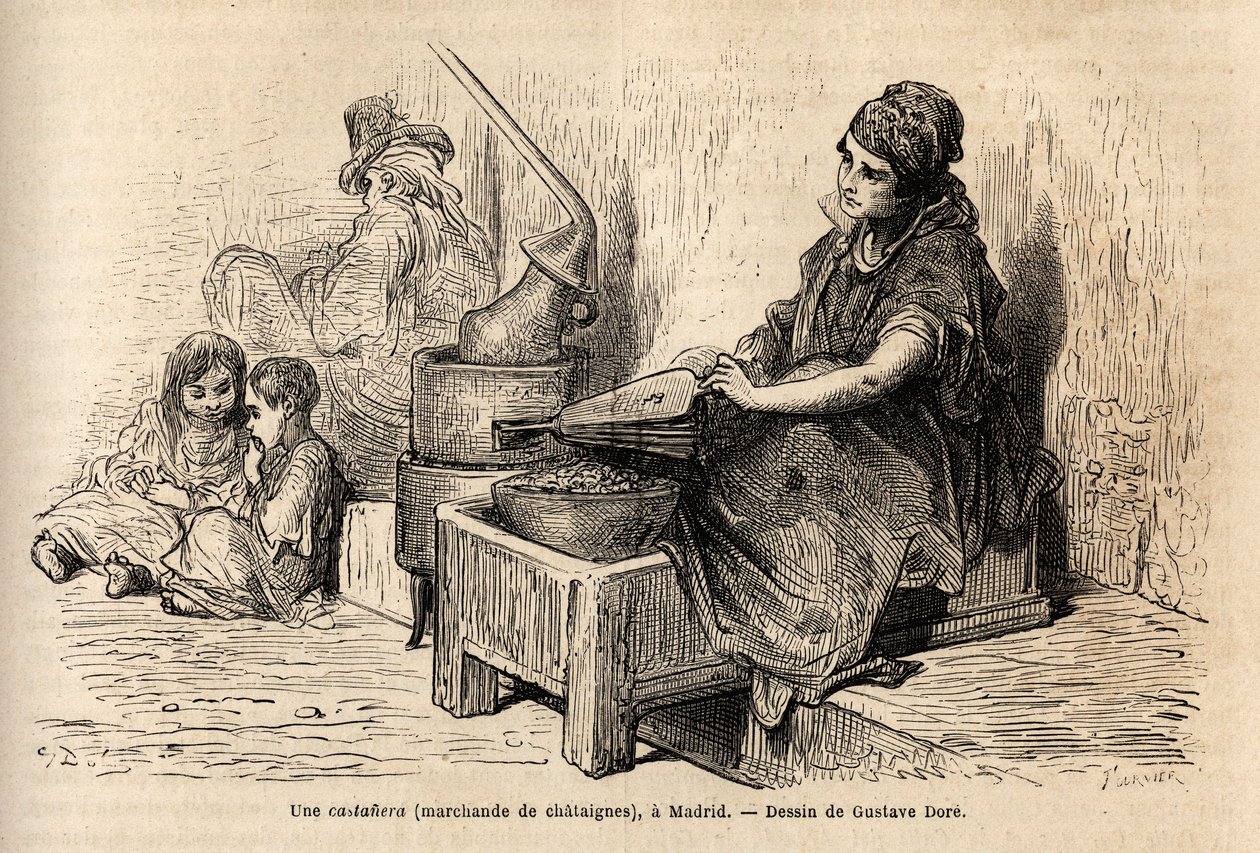 Uma comerciante de castanhas ao ar livre, com o seu forno portátil, esboça na puerta del sol, em Madrid. Gravura de Gustave Dore (1832-1883) para ilustrar a sua viagem à Espanha, com Ch. Davillier (editor), em 1862, publicada em "Le tour du monde" 18 de Gustave Dore