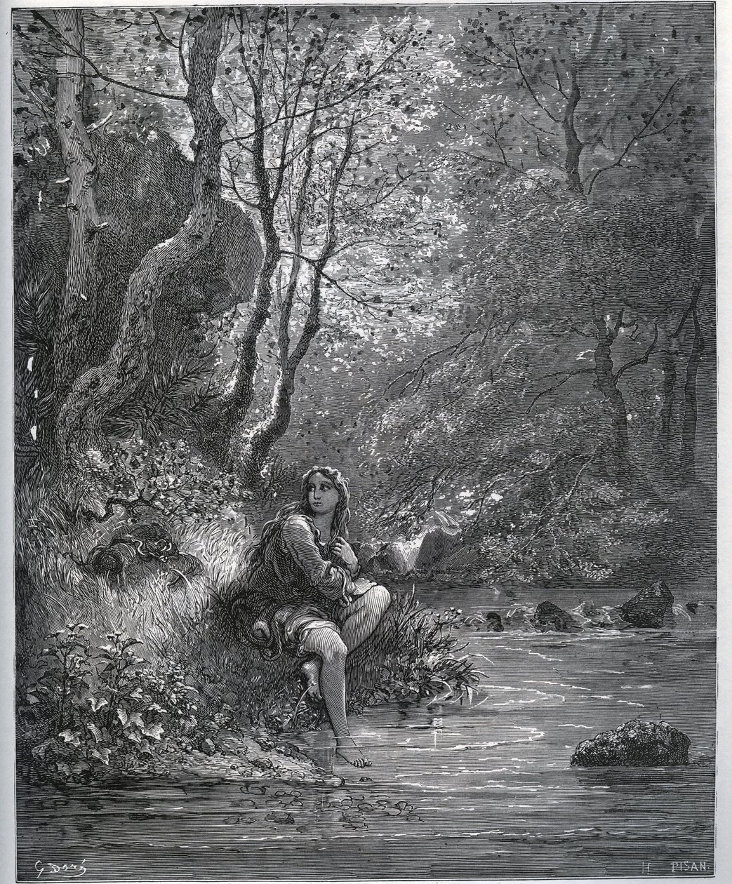 Aparição da Dorothee em Roupa de Fazendeiro - de "Don Quixote de la Mancha" de Miguel Cervantes (1547-1616) (Don Quixote) - Lenhador após desenho de Gustave Dore de Gustave Dore