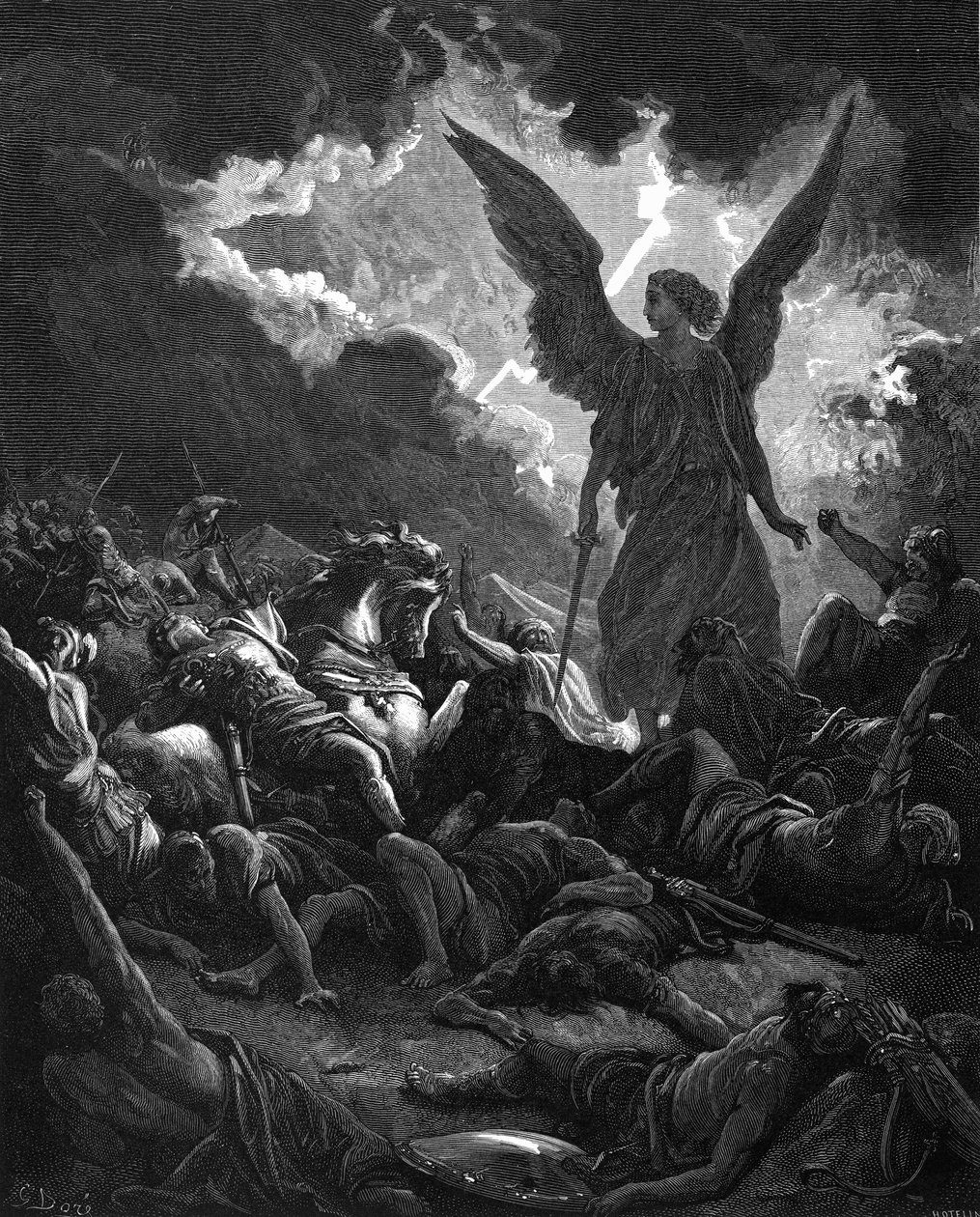 Arcanjo Gabriel, instrumento de Deus, ferindo o acampamento de Senaqueribe e os assírios, 1865-1866 de Gustave Dore