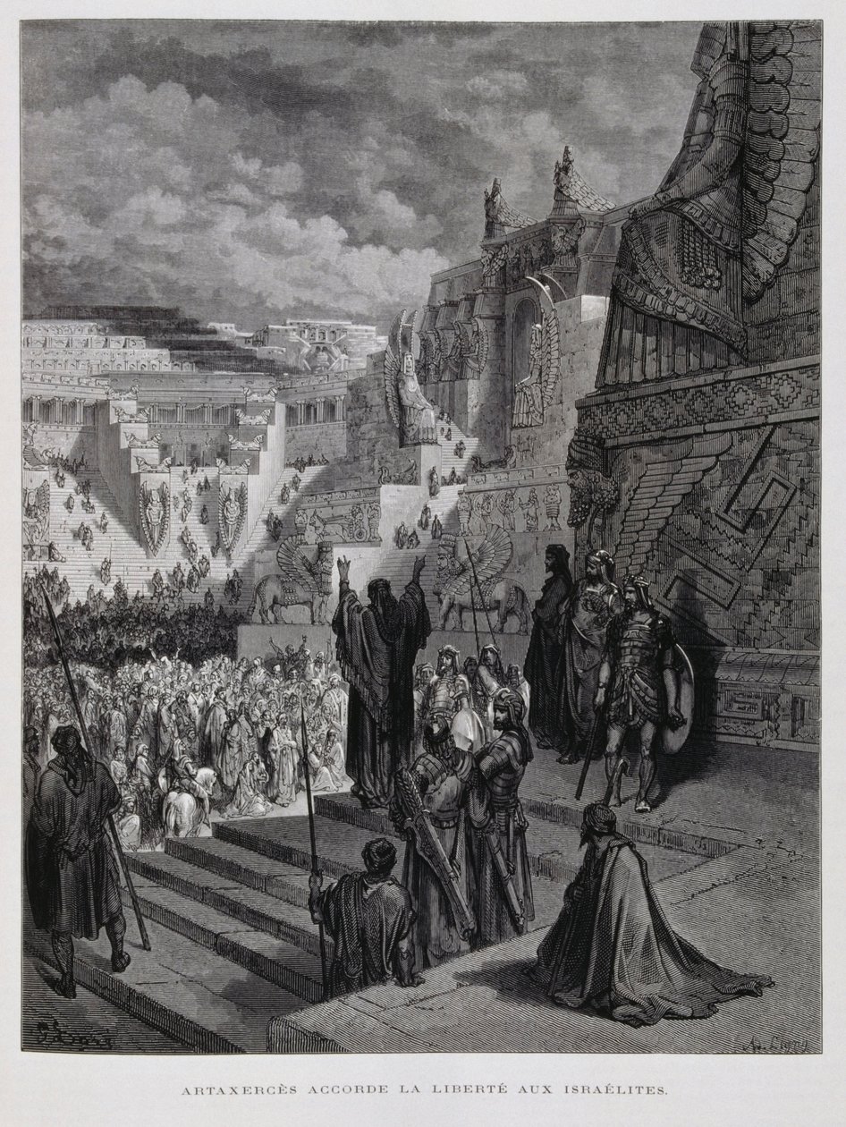 Artaxerxes concede a liberdade aos judeus na Pérsia, Ilustração da Bíblia de Dore de Gustave Dore
