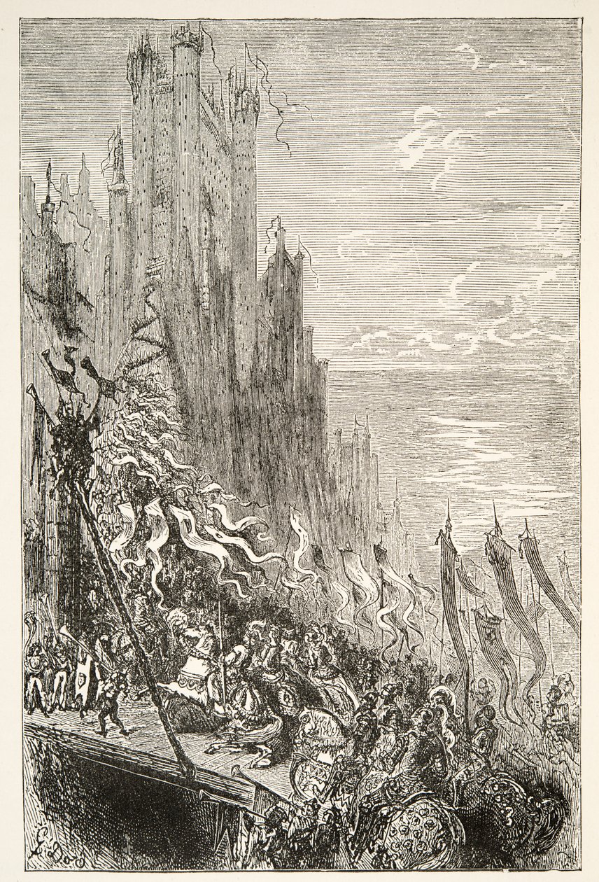 Na cidade da condessa da fonte, de histórias dos dias do rei Arthur por Charles Henry Hanson, pub.1898 de Gustave Dore