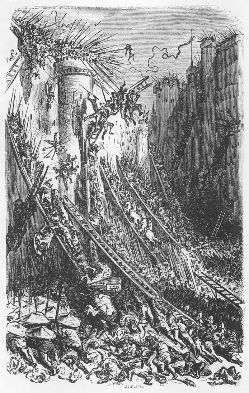 Atacando um castelo ou uma cidade fortificada, ilustração de &39;Les Contes Drolatiques&39; por Honore de Balzac (1799-1850) de Gustave Dore