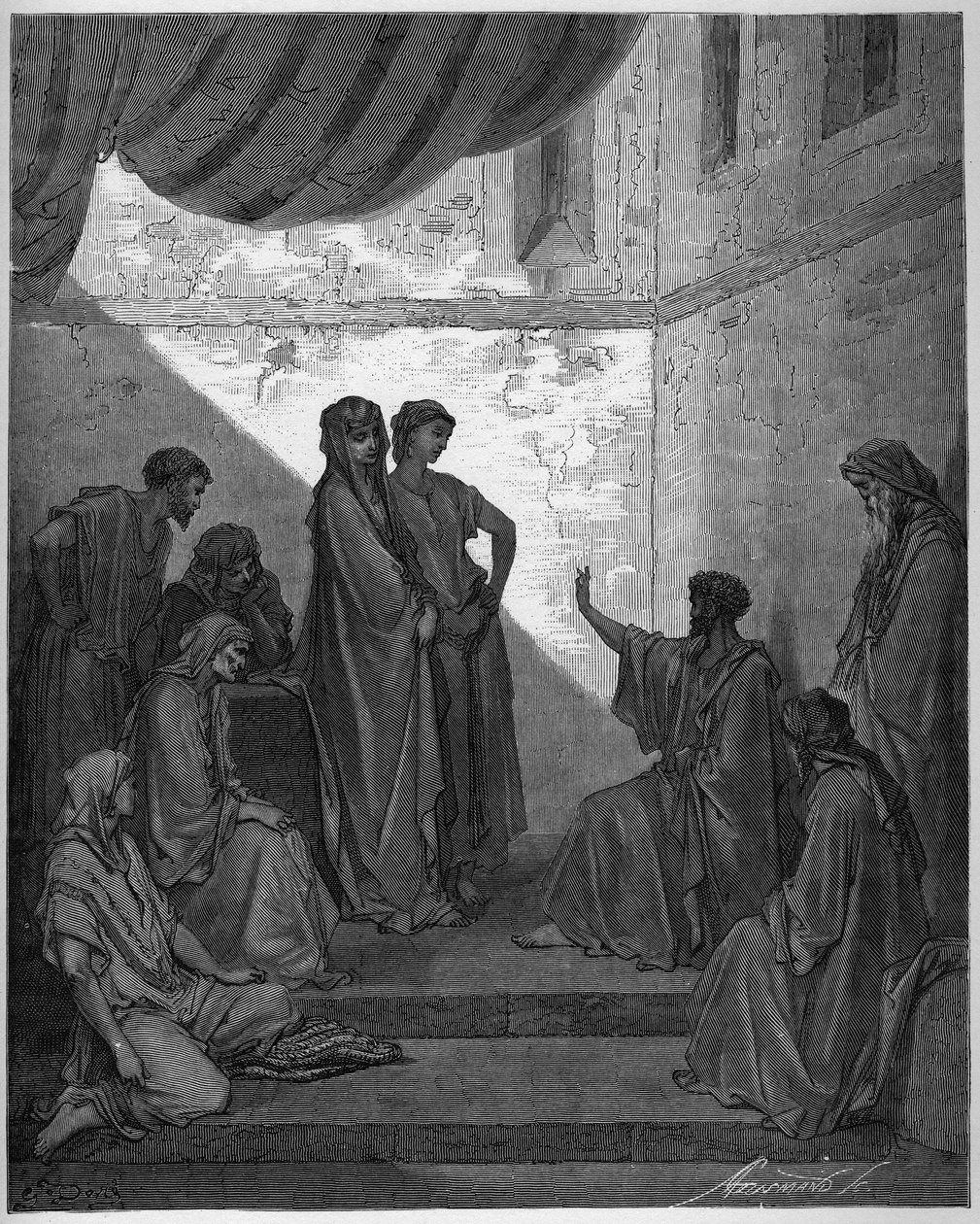 Baptim of Cornelius the Centurion - Cornelius the Centurion recebe a fé de Jesus Cristo, e é baptizado por São Pedro. - Gravura em "A ilustração da Bíblia" de Gustave Dore (1832-1883) - Gravura de "A Bíblia Dore" de Gustave Dore