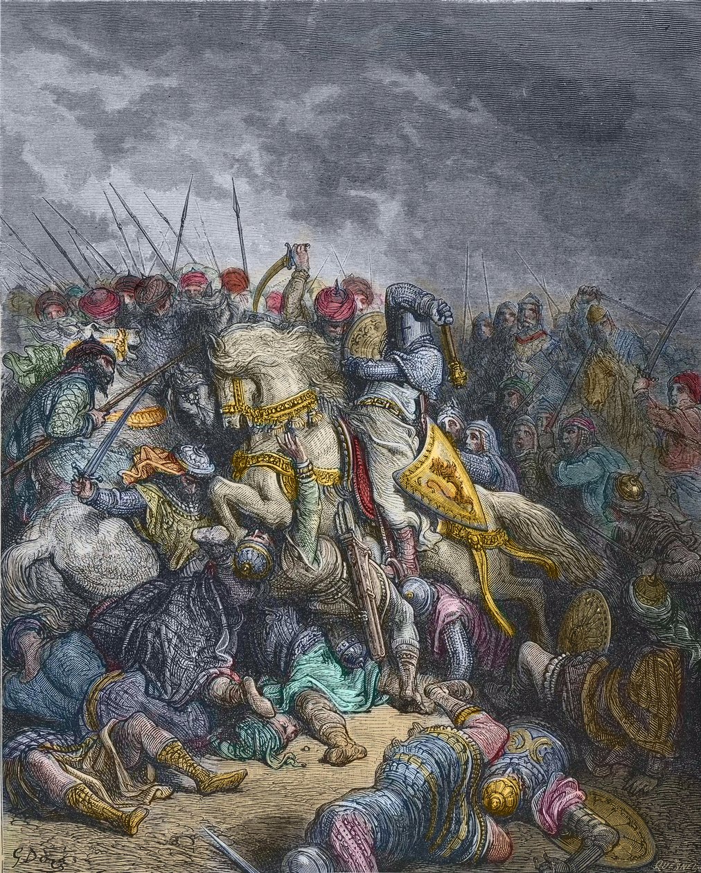 Batalha de Arsur - Coração de Leão Ricardo I (1157-1199), Rei da Inglaterra participante da 3ª Cruzada - Coração de Leão Ricardo na Batalha de Arsuf (1191), Terceira Cruzada, gravura de Gustave Dore - da História das Cruzadas de Joseph-Francois Michaud de Gustave Dore