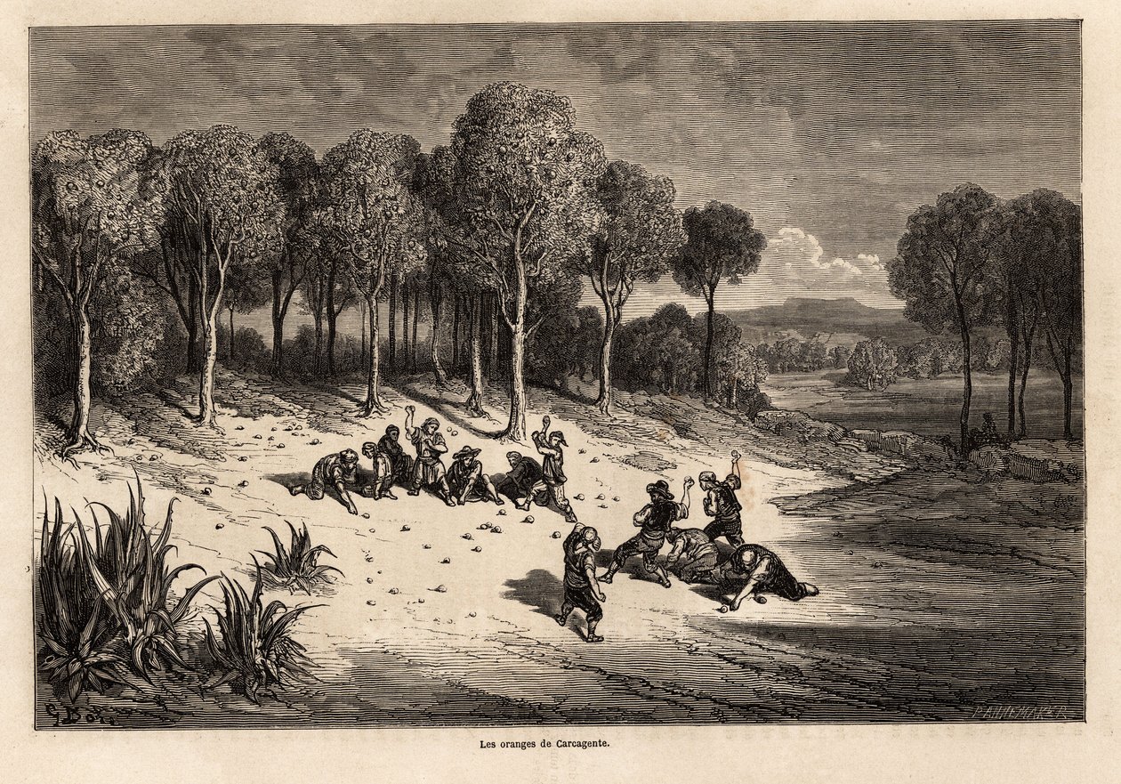 Batalha de Laranjas de Carcagente, desenho de Gustave Dore (1832-1883), para ilustrar sua viagem à Espanha com C.Davillier, em 1862. Gravura em "Le tour du monde", editado por Edouard Charton de Gustave Dore
