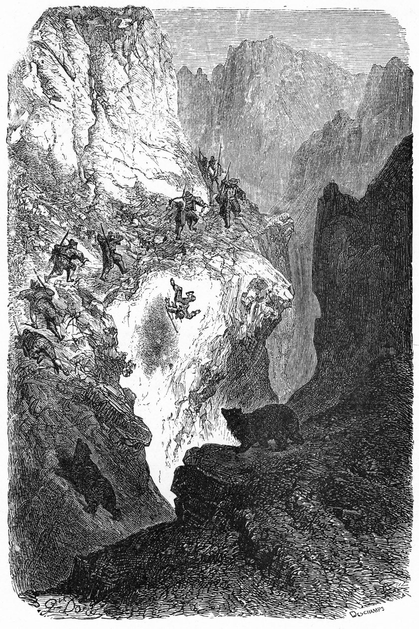 Caça ao urso nos Pirinéus: um homem cai da montanha. Gravura de Gustave Dore ilustrando o livro "Viagem aos Pirinéus" de Hippolyte Taine, Hachette 1860. de Gustave Dore