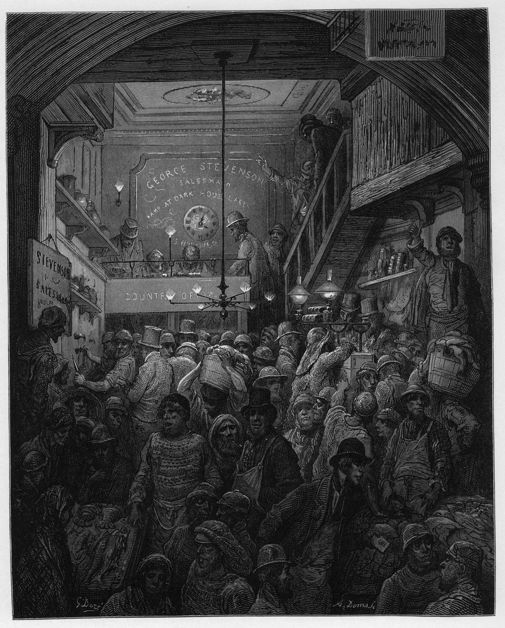 Billingsgate - Venda de peixe no Criee. Ilustração para Londres por Louis Enault ilustrada por Gustave Dore de Gustave Dore