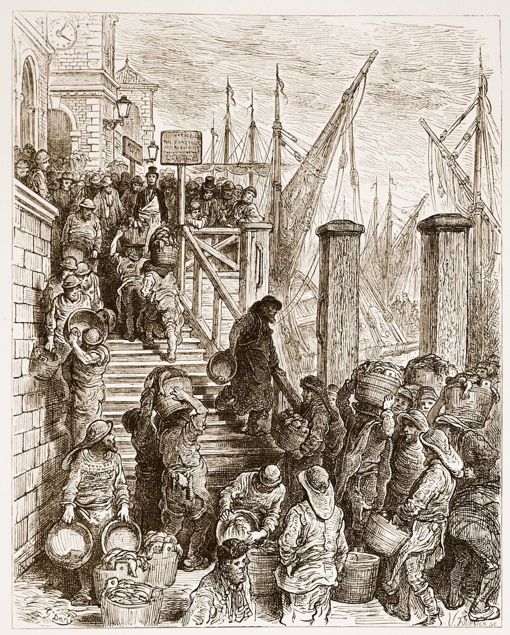 Billingsgate, Landing the Fish, de "London, a Peregrinação", escrito por William Blanchard Jerrold (1826-94) e gravado por Hildibrand, pub. 1872 de Gustave Dore