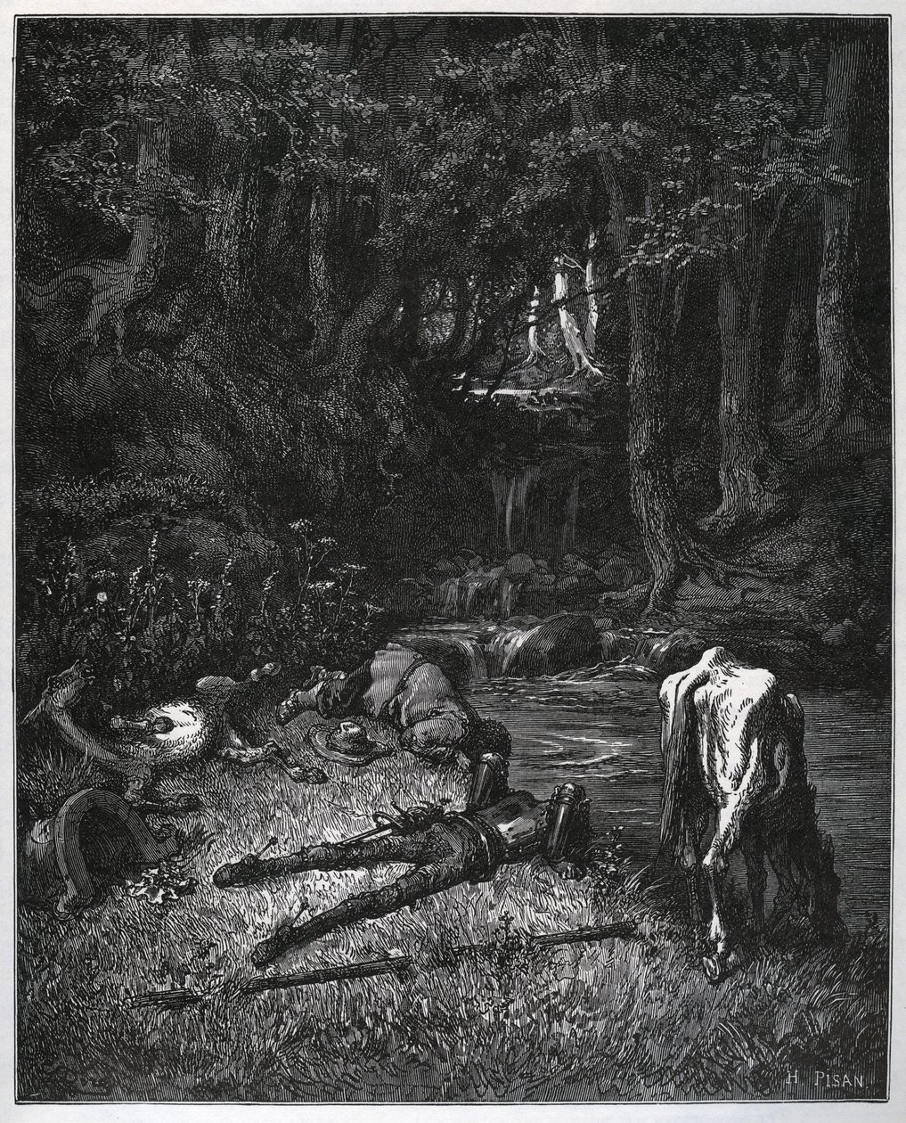 Bivouac na floresta - Convencidos pela beleza do lugar, resolveram passar ali as horas de sesta - de "Dom Quixote de la Mancha" de Miguel Cervantes (1547-1616) (Dom Quixote) - Lenhador após desenho de Gustave Dore de Gustave Dore