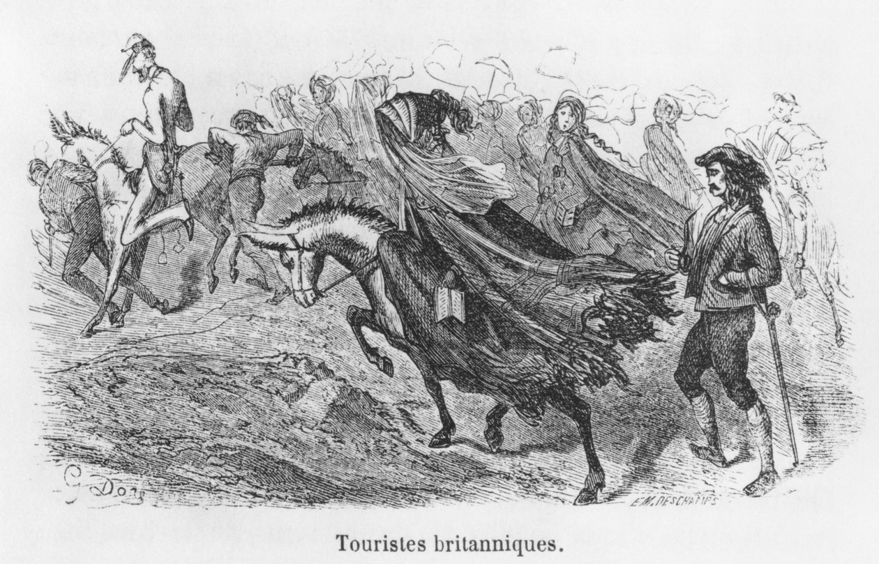 Turistas britânicos, ilustração de &39;Voyage aux Pyrenees&39; por Hippolyte Taine (1828-93) gravada por Emile Deschamps (século XIX) de Gustave Dore