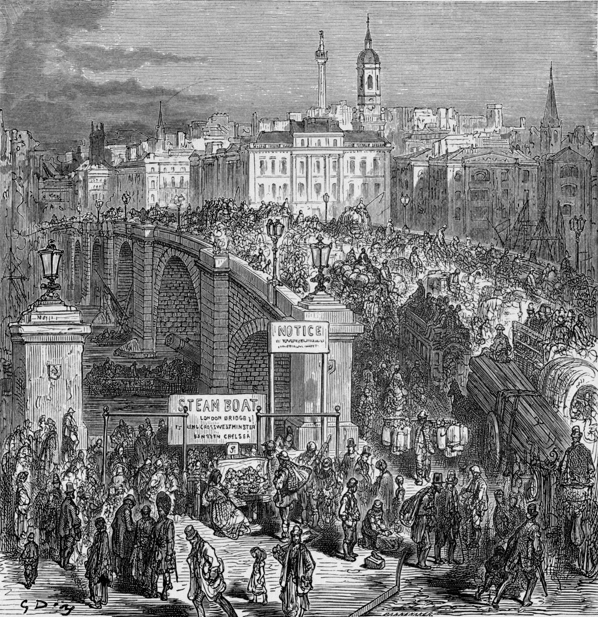 Cena movimentada na London Bridge, 1872. de Gustave Dore