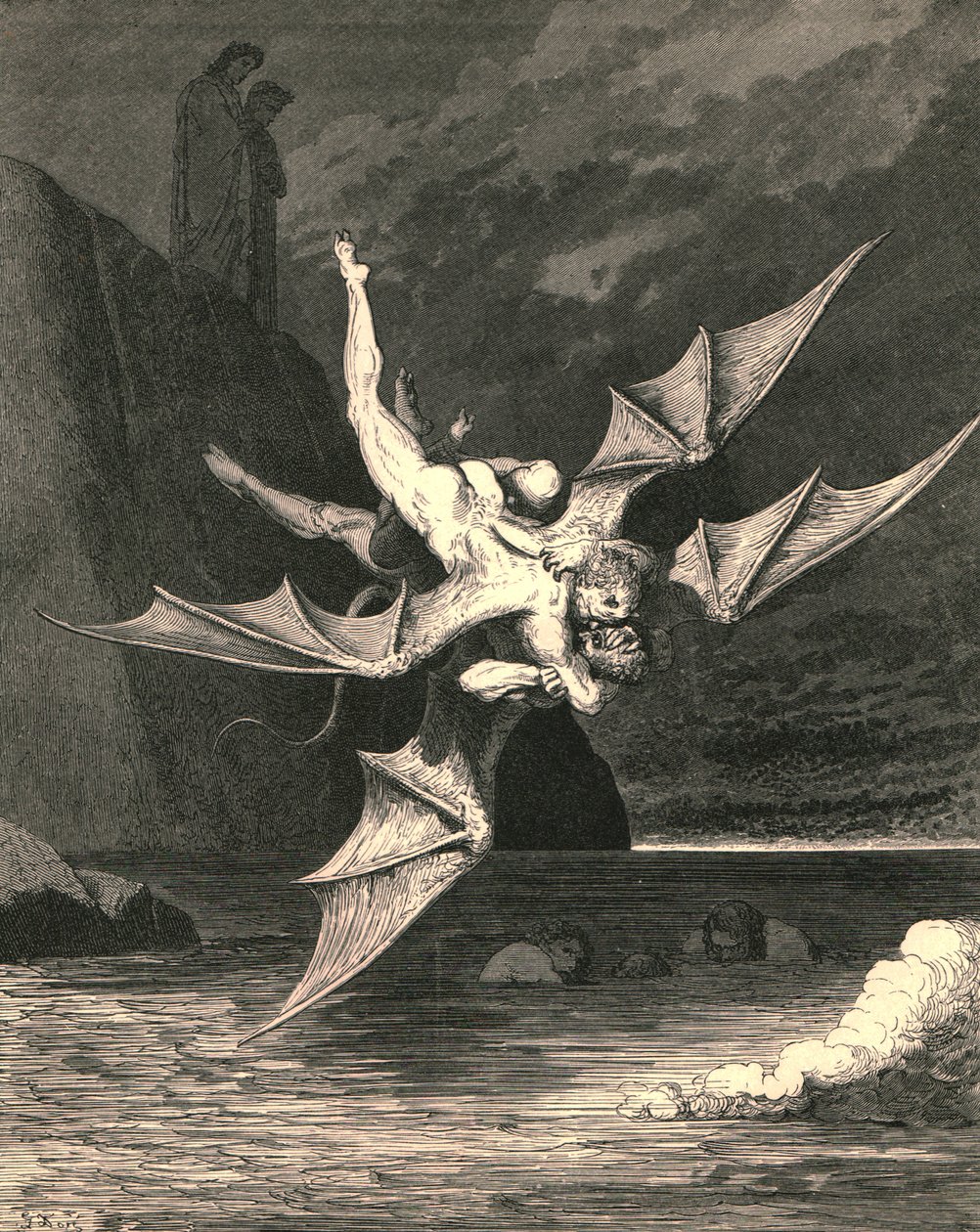Mas o outro provou um açor ... e no lago fervente caíram, c1890. de Gustave Dore