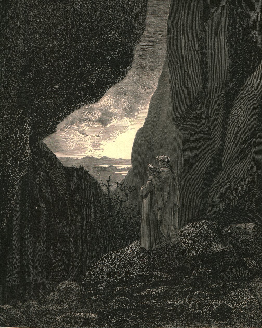Por esse caminho oculto, eu e meu guia entramos, para retornar ao mundo justo, c1890. de Gustave Dore
