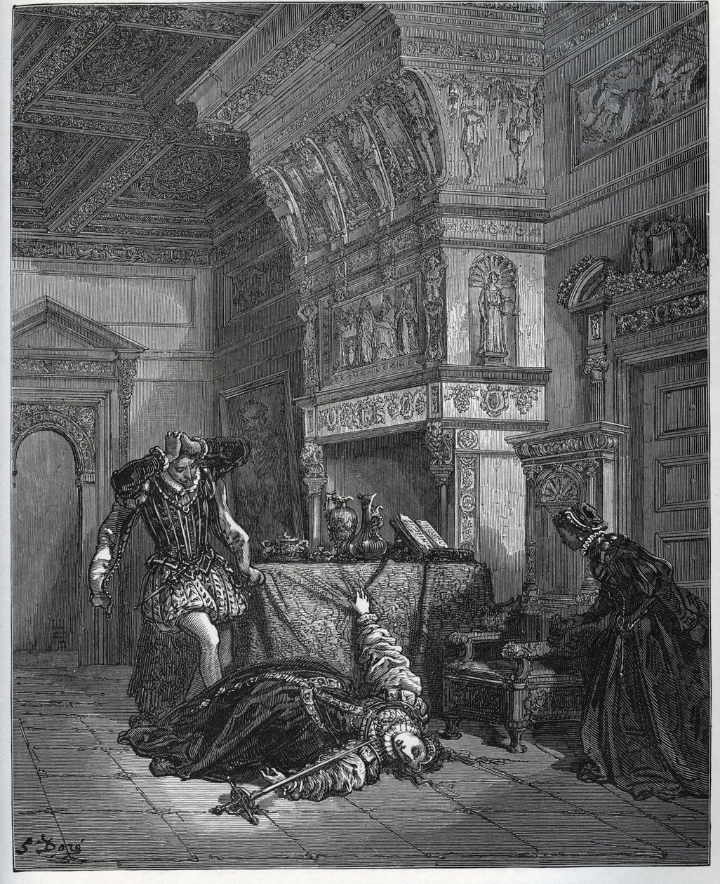 Suicídio de Camille em frente a Lothaire e Leonella - de "Don Quixote de la Mancha" de Miguel Cervantes (1547-1616) (Don Quixote) - Corte de madeira após desenho de Gustave Dore de Gustave Dore