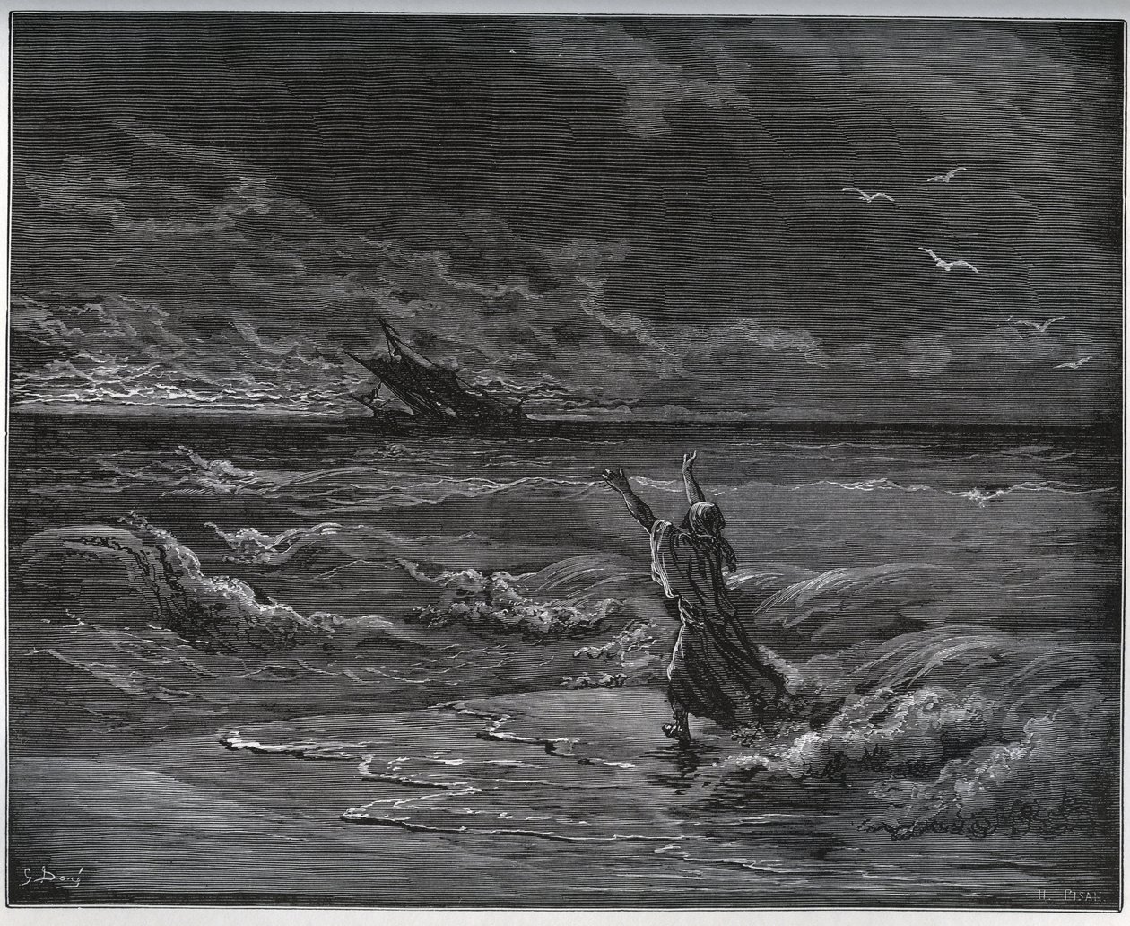 História cativa. Aagi-Morato, o pai de Zoraide, é barqueado na margem de "Dom Quixote de la Mancha" de Miguel Cervantes (1547-1616) (Dom Quixote) - Lenhador após desenho de Gustave Dore de Gustave Dore