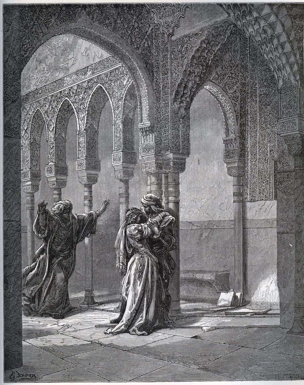 História cativa. Primeiro encontro do cativo com Zoraide no jardim de seu pai - de "Dom Quixote de la Mancha" de Miguel Cervantes (1547-1616) (Dom Quixote) - Lenhador após desenho de Gustave Dore de Gustave Dore