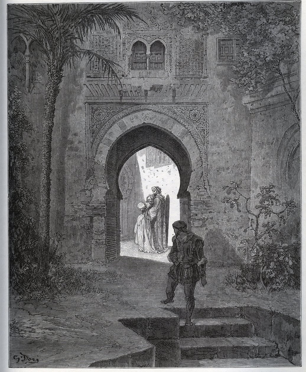 História cativa. Primeiro encontro da cativa com Zoraide no jardim do pai, que a traz de volta após sua finta de mal-estar de “Dom Quixote de la Mancha” de Miguel Cervantes de Gustave Dore