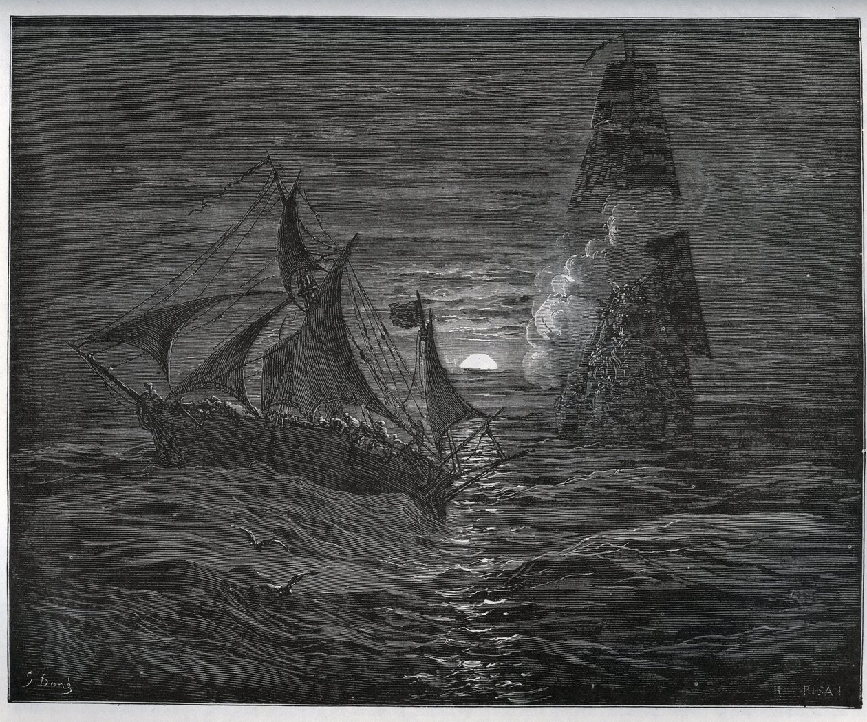 História cativa. O Barco de Fuga espanhol é atacado por um navio francês de "Don Quixote de la Mancha" de Miguel Cervantes (1547-1616) (Don Quixote) - Lenhador após desenho de Gustave Dore de Gustave Dore