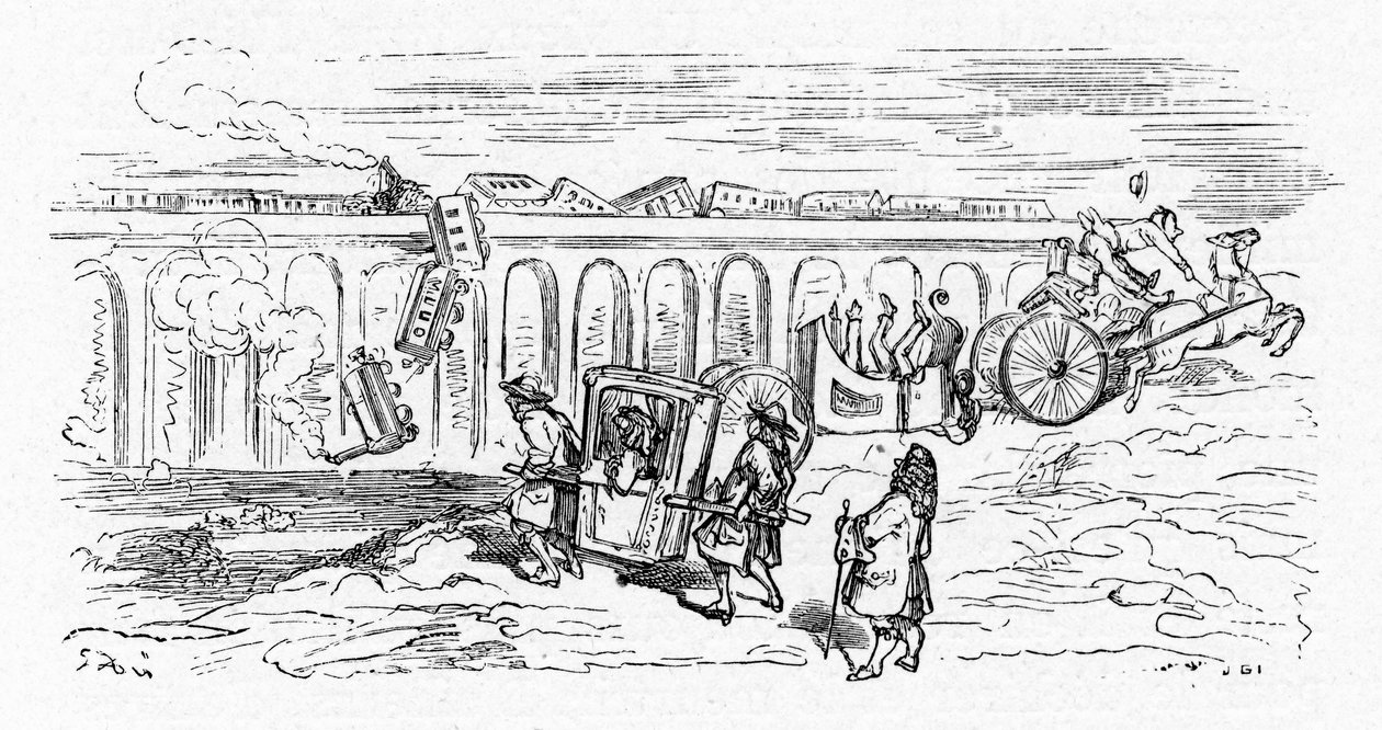 Cartoon dos transportes "modernos" por Gustave Dore por volta de 1850: 2 comboios chocam entre si e um comboio de passageiros descarrila e cai do cimo de uma ponte; uma carruagem é dividida em 2 e capota depois de o cavalo que a puxava ter sido embalado; a de Gustave Dore
