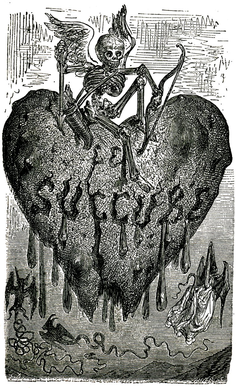 Ilustração da cabeça de capítulo de Gustave Dore para os Contos Drolatic (1855) de Honore de Balzac (1799-1850): o súcubo (vampiro) - esqueleto, morte, coração, sangue- de Gustave Dore