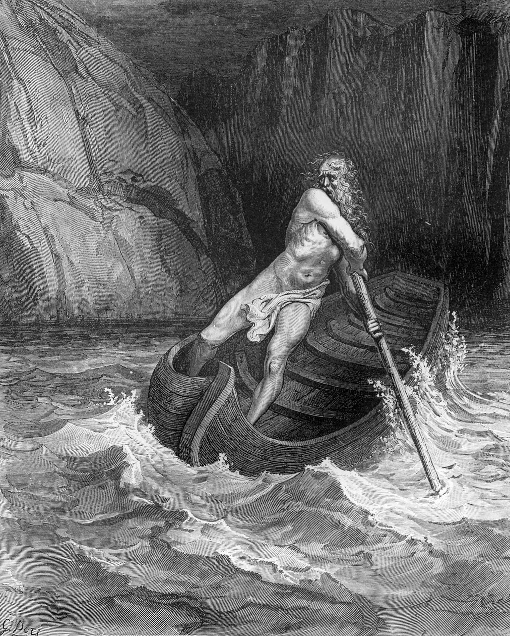 Charon, o barqueiro do inferno, da divina comédia (Inferno) por Dante Alighieri (1265-1321) gravado por Stephane Pannemaker (1847-1930) c.1868 de Gustave Dore