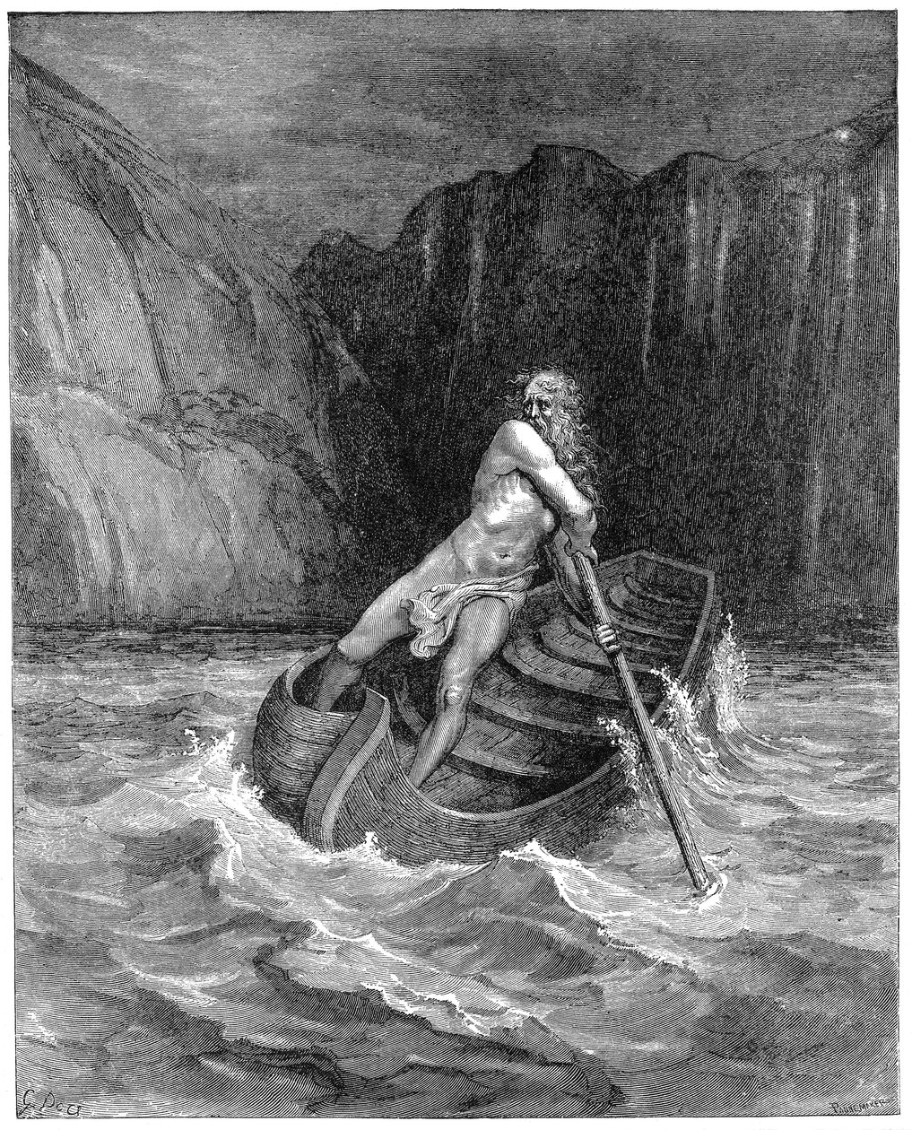 Charon, o barqueiro, remando para coletar Dante e Virgílio, para carregá-los através do Styx, 1861 de Gustave Dore