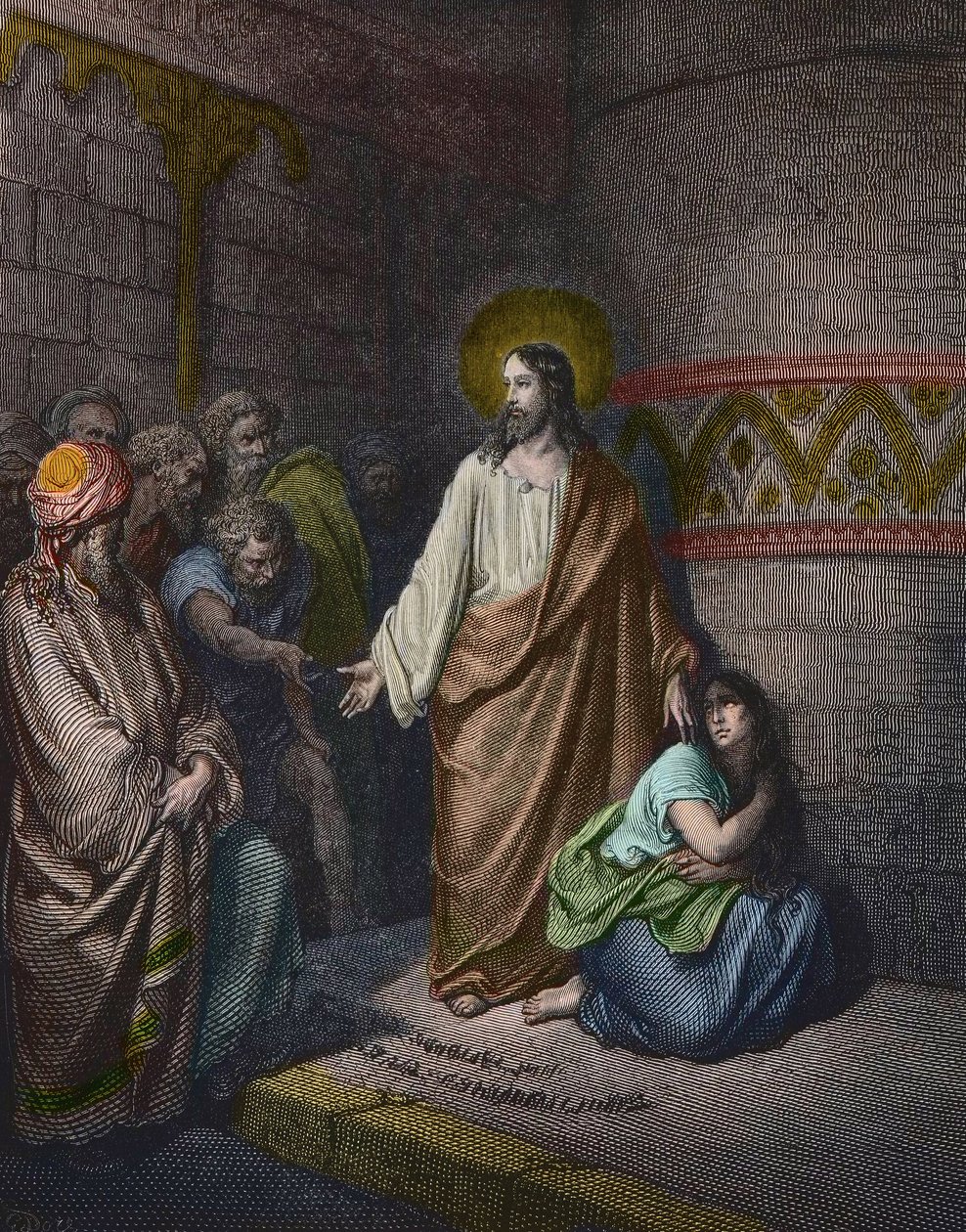 "Cristo e a Mulher Adúltera" Ilustração de Gustave Dore (1832-1883) - Jesus e a Mulher Tirada no Adultério - gravura de Gustave Dore - coloração posterior de Gustave Dore
