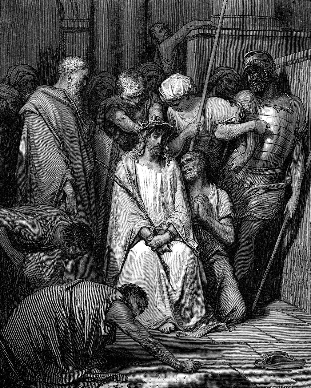 Cristo zombado e a coroa de espinhos colocada em sua cabeça de Gustave Dore