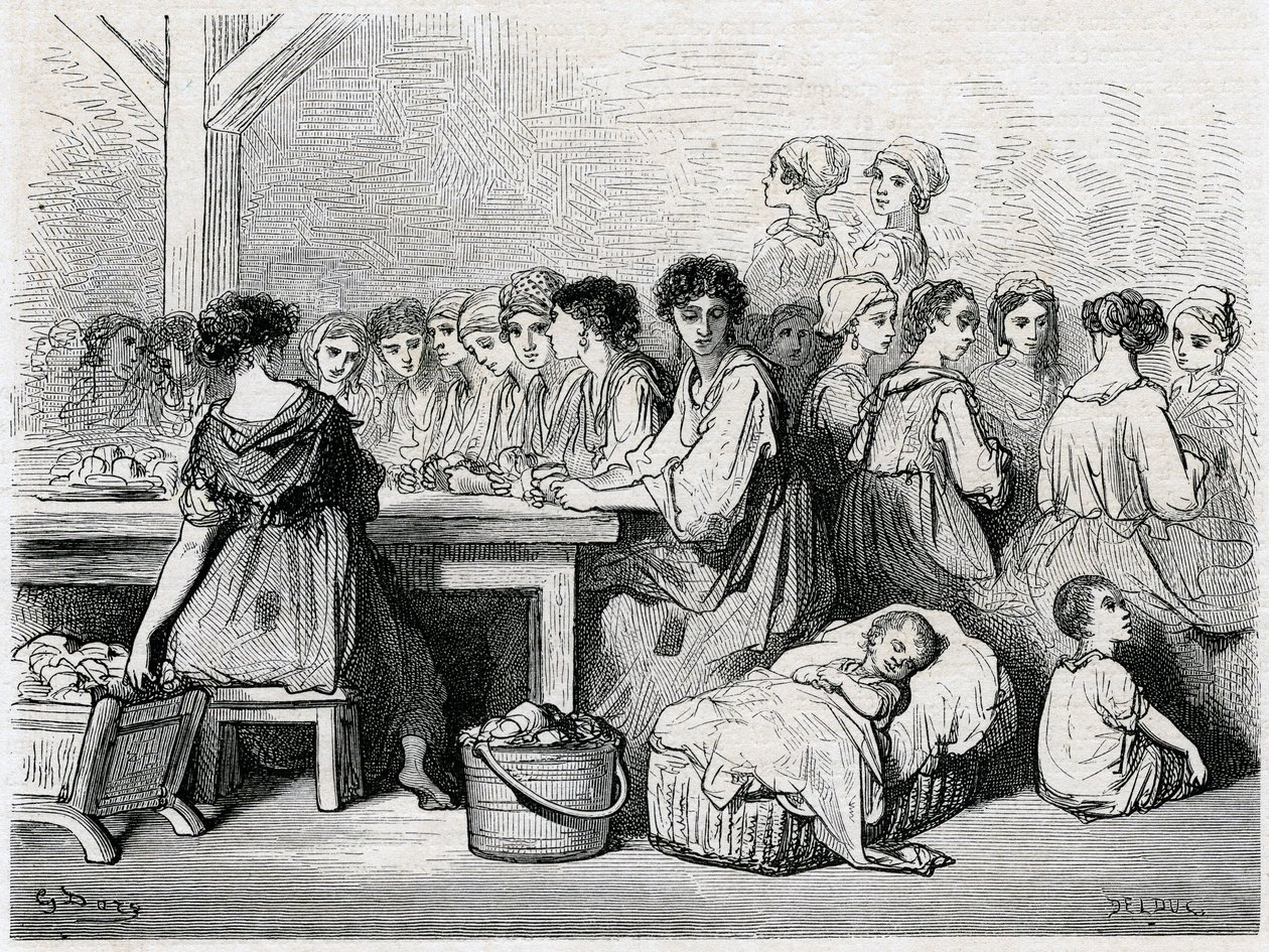 Cigarreras de Sevilha. Fabricação de charutos, trabalhadores, tabaco. Desenho de Gustave Dore ilustrando a “” Viagem em Espanha ”de Charles Davillier de Gustave Dore