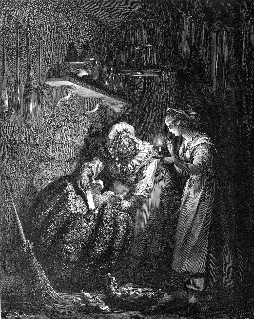 Cinderela: Fada madrinha esculpindo a abóbora. de Gustave Dore