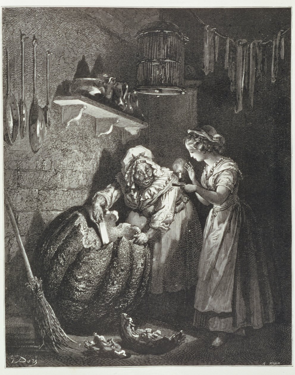 A madrinha de Cinderela e a abóbora, gravada por Heliodore Joseph Pisan (1822-90) c.1868 de Gustave Dore