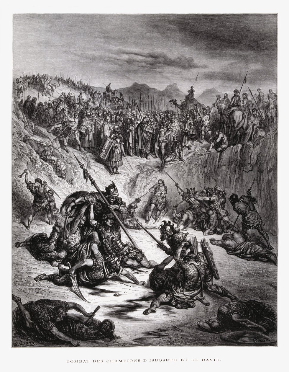 Soldados de combate de Ish-bosheth e David, ilustração da Bíblia de Dore de Gustave Dore