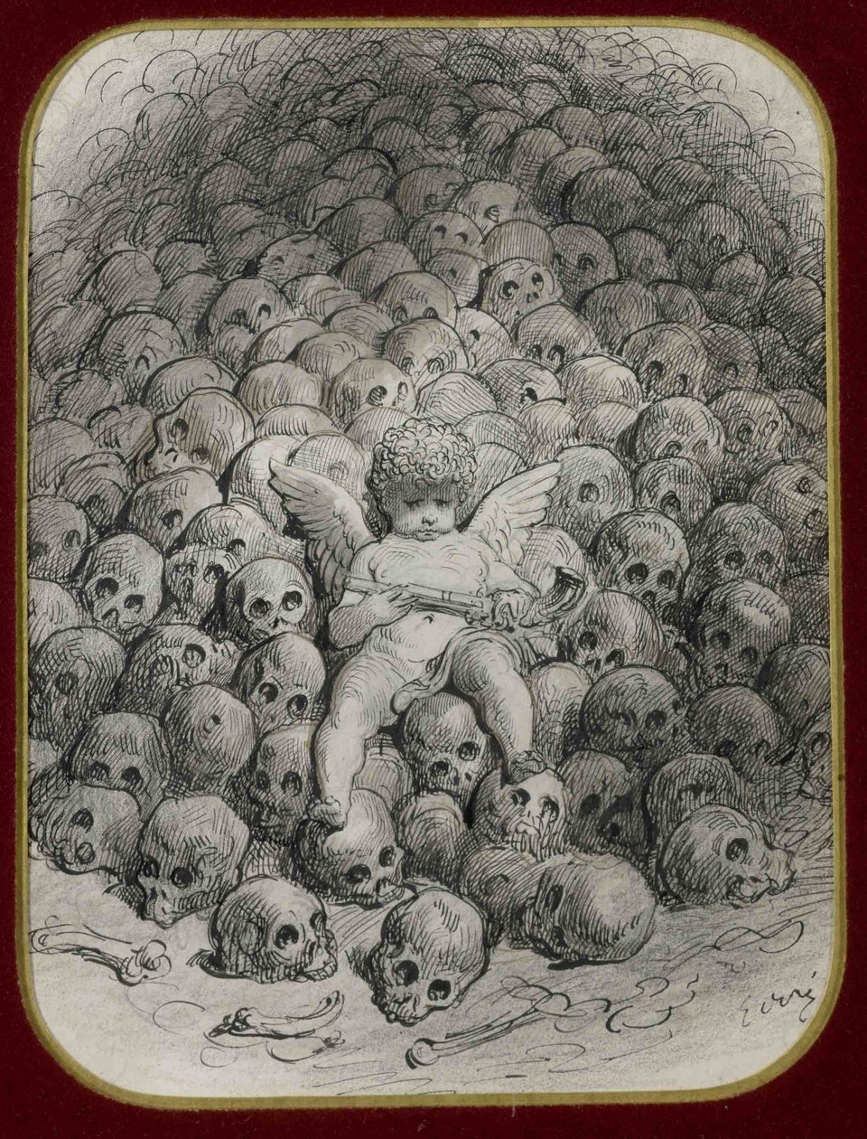 "Cupido com uma pistola no topo de uma montanha de crânio" Tinta e desenho de Gustave Dore (1832-1883) Colecção privada de Gustave Dore