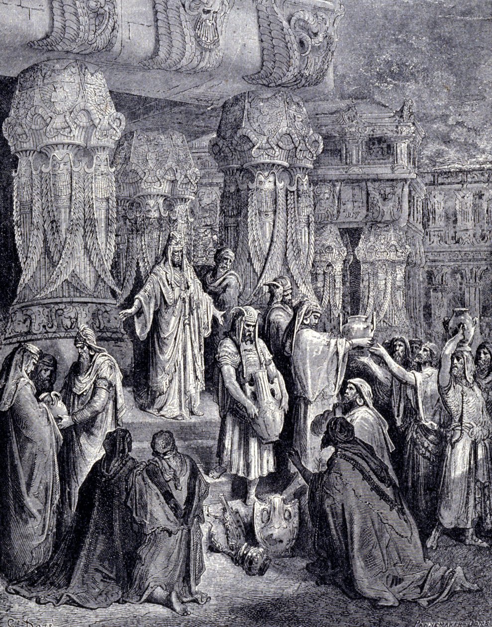 Ciro II o Grande (580 AC - 530 AC) libertou os povos cativos ao chegar na Babilônia em 539 AC e devolveu ao povo judeu os vasos sagrados que haviam sido tomados como despojos no templo de Jerusalém. Gravura de Gustave Doré. de Gustave Dore
