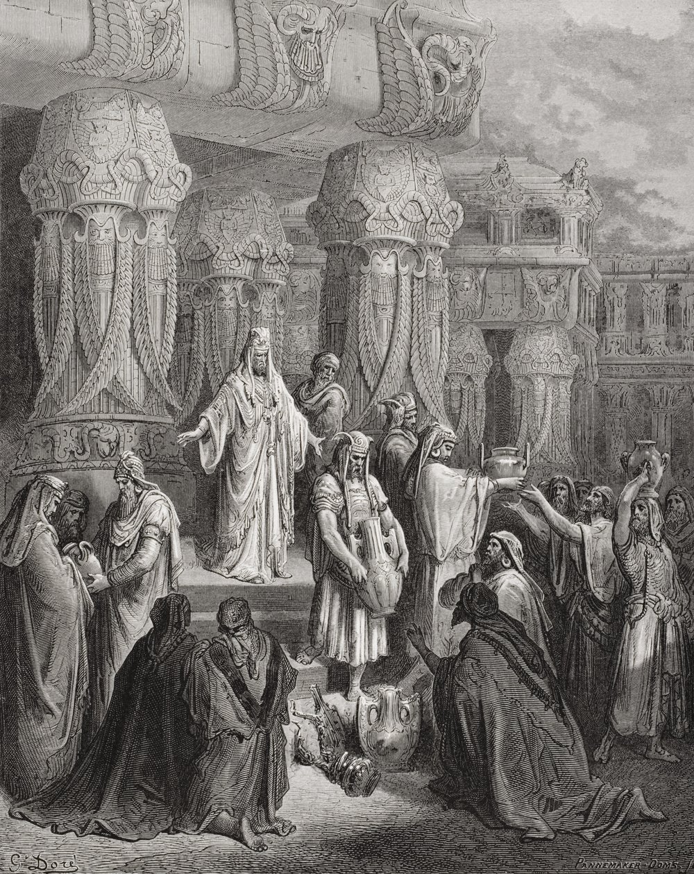 Ciro Restaurando os Vasos do Templo, ilustração da "Bíblia Sagrada" de Dore, gravada por Pannemaker, 1866 de Gustave Dore