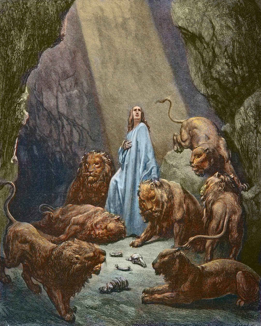 Daniel est jete dans la fonds aux lions - Daniel in the Den of Lions - gravura de Gustave Dore - coloração posterior de Gustave Dore