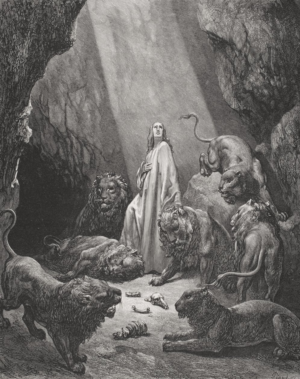 Daniel no Covil dos Leões, Daniel 6: 16-17, ilustração da "Bíblia Sagrada" de Dore, gravada por Piaud, 1866 de Gustave Dore