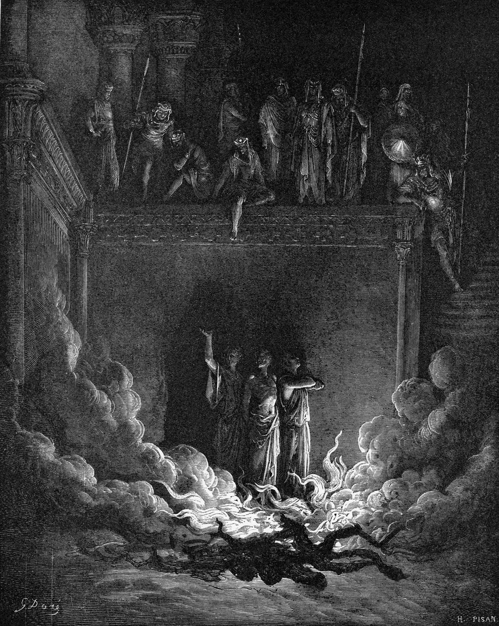 Os companheiros de Daniel na fornalha de fogo de Gustave Dore