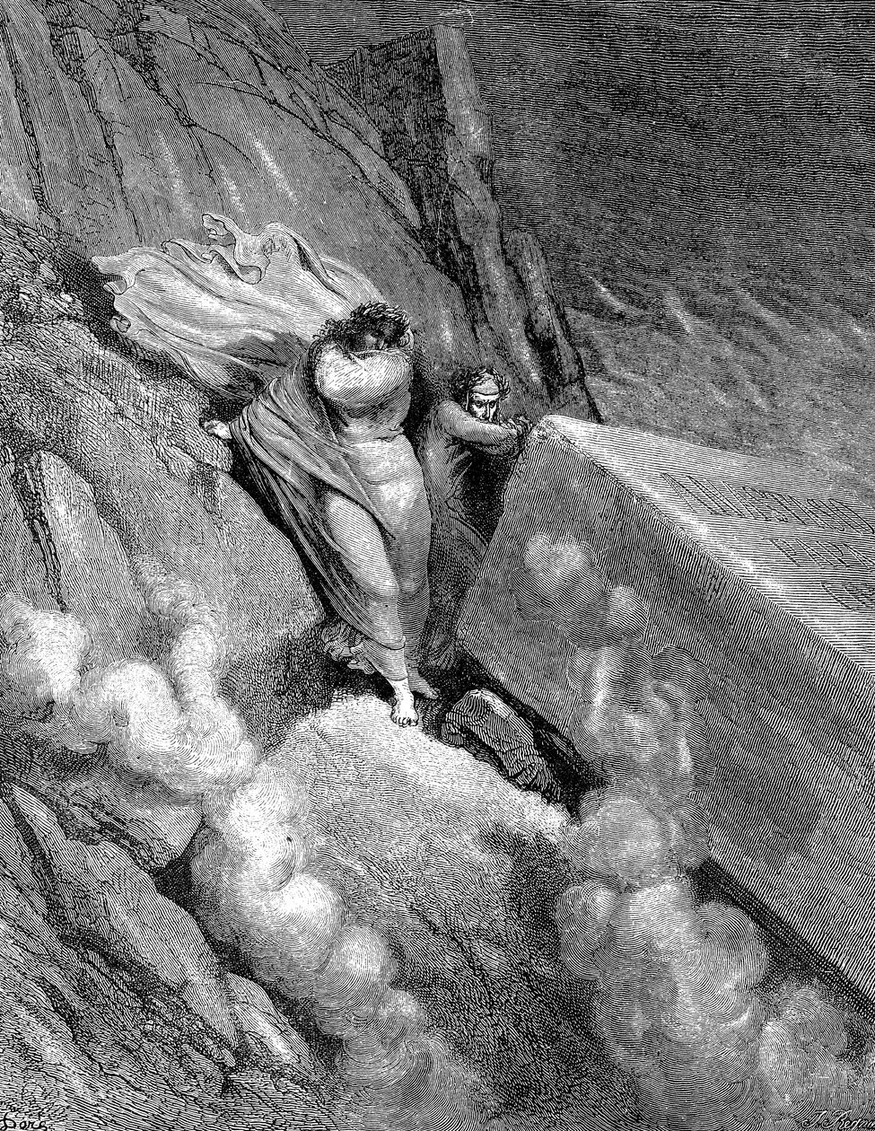 Dante e Virgílio à beira do abismo de onde saía um cheiro fétido, 1863 de Gustave Dore