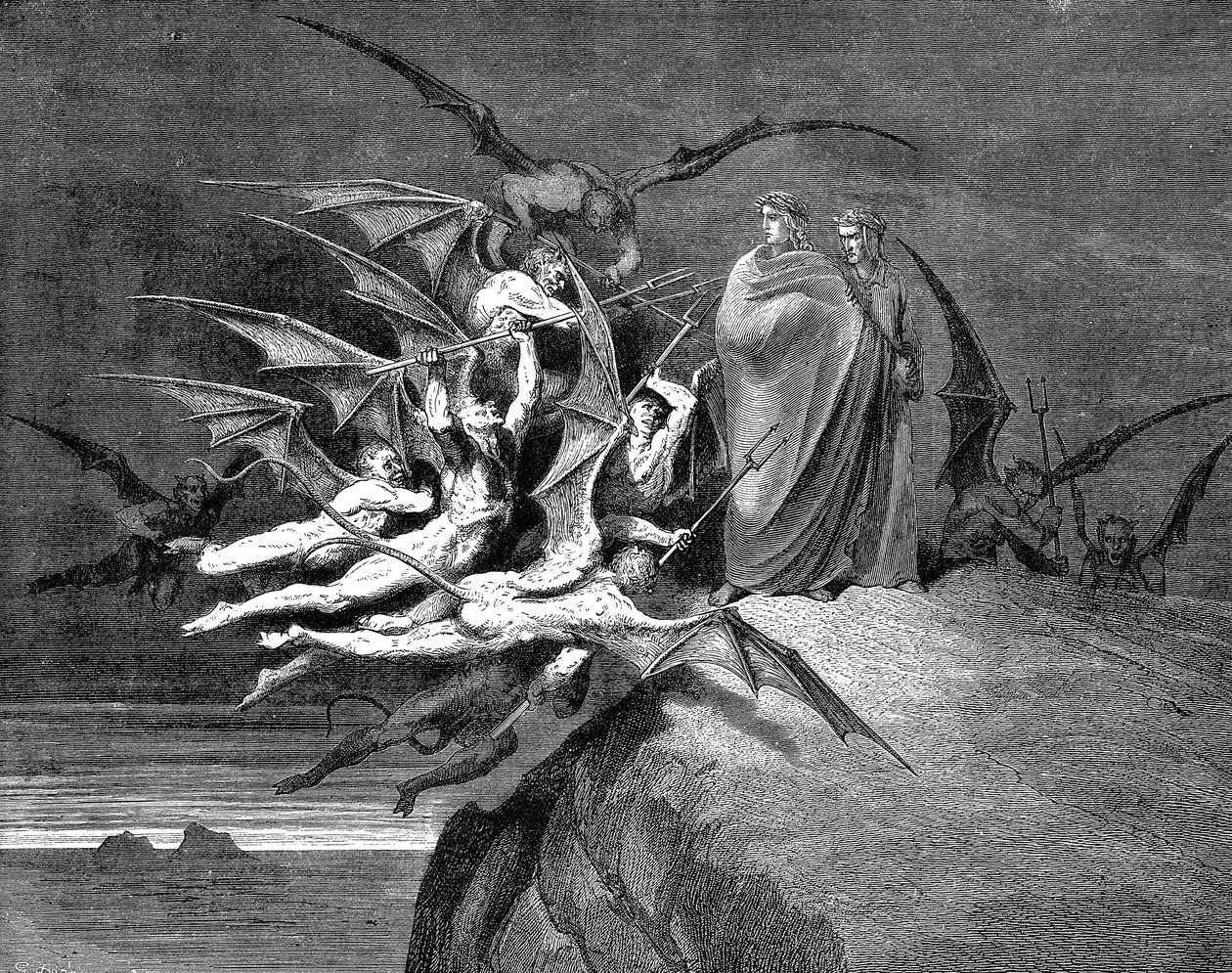 Dante e Virgílio cercados por demônios em sua passagem pelo oitavo círculo, 1861 de Gustave Dore