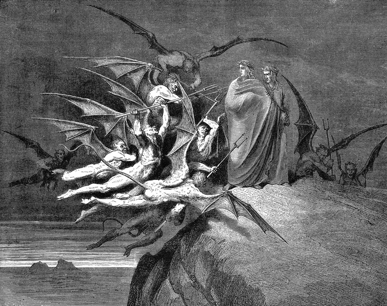 Dante e Virgílio cercados por demónios na sua passagem pelo oitavo círculo. Ilustração (1861) de Gustave Dore para Dante Inferno, Canto XXI. Gravura em madeira de Gustave Dore