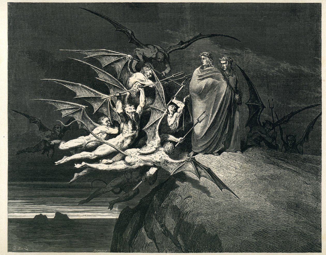Dante e Virgílio enfrentam os demónios. Gravura de O Inferno de Dante Alighieri (a Divina Comédia) ilustrada por Gustave Dore. Edição francesa de 1861. "... Nessun di voi sia fello! (Que nenhum de vós seja rebelde!)" , canto 21, v. 72. de Gustave Dore