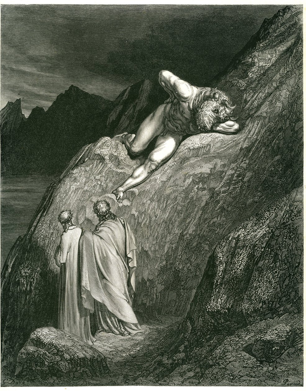Dante e Virgílio encontram o Minotauro. Gravura de O Inferno de Dante Alighieri (a Divina Comédia) ilustrada por Gustave Dore. Edição francesa de 1861. "E in su la punta della rotta lacca/L