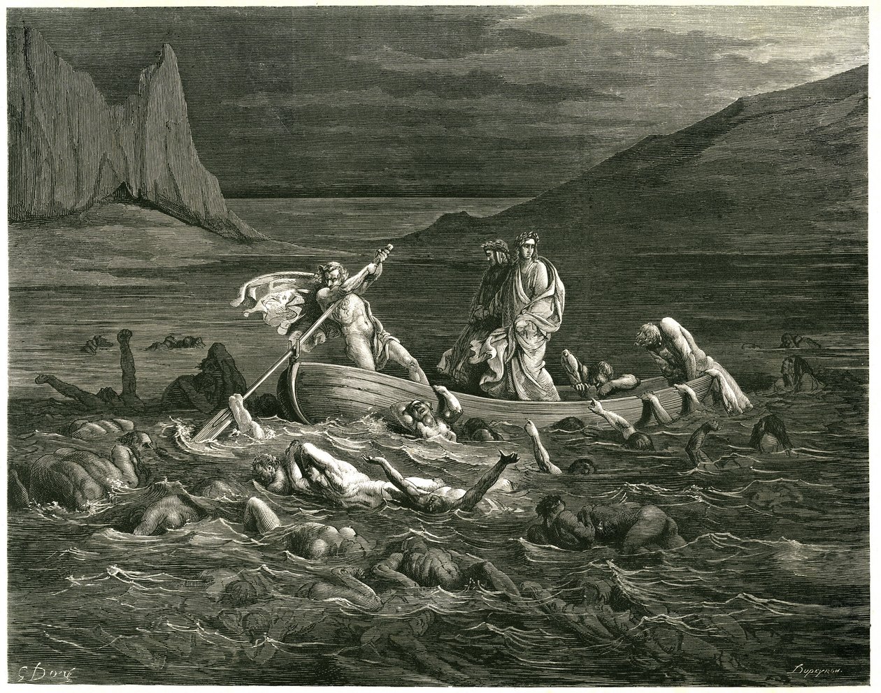 Dante e Virgílio navegam, conduzidos por Nocher Phlegyas, no Estige, onde se encontram represas, que tentam subir para o barco. Gravura de O Inferno de Dante Alighieri (a Divina Comédia) ilustrada por Gustave Dore. Edição francesa de 1861. "Segando se ne de Gustave Dore