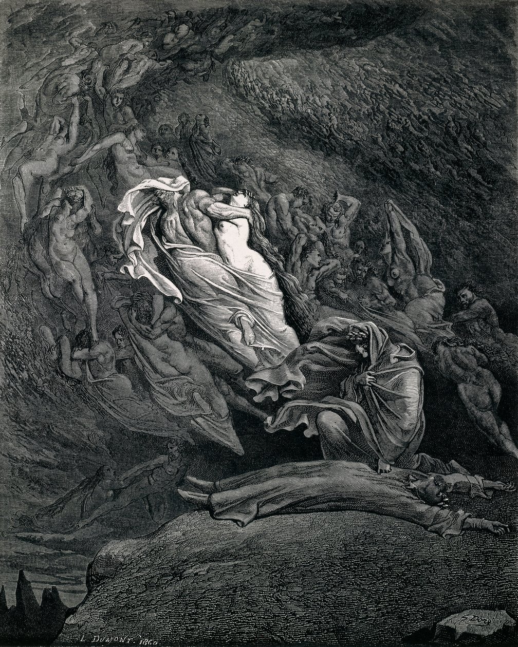Dante e Virgil com Paolo e Francesca, Ilustração para Inferno, Canto V da Divina Comédia, de Dante Alighieri (1265-1321), de Gustave Dore (1832-1883) de Gustave Dore