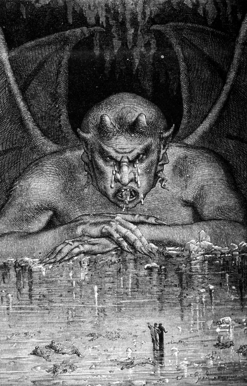 Dante et Virgil atravessam les enfell em A Divina Comédia de Dante Alighieri (1265 - 1321): Satanás devora as danças. Gravura de Gustave Doré. Século XIX. de Gustave Dore
