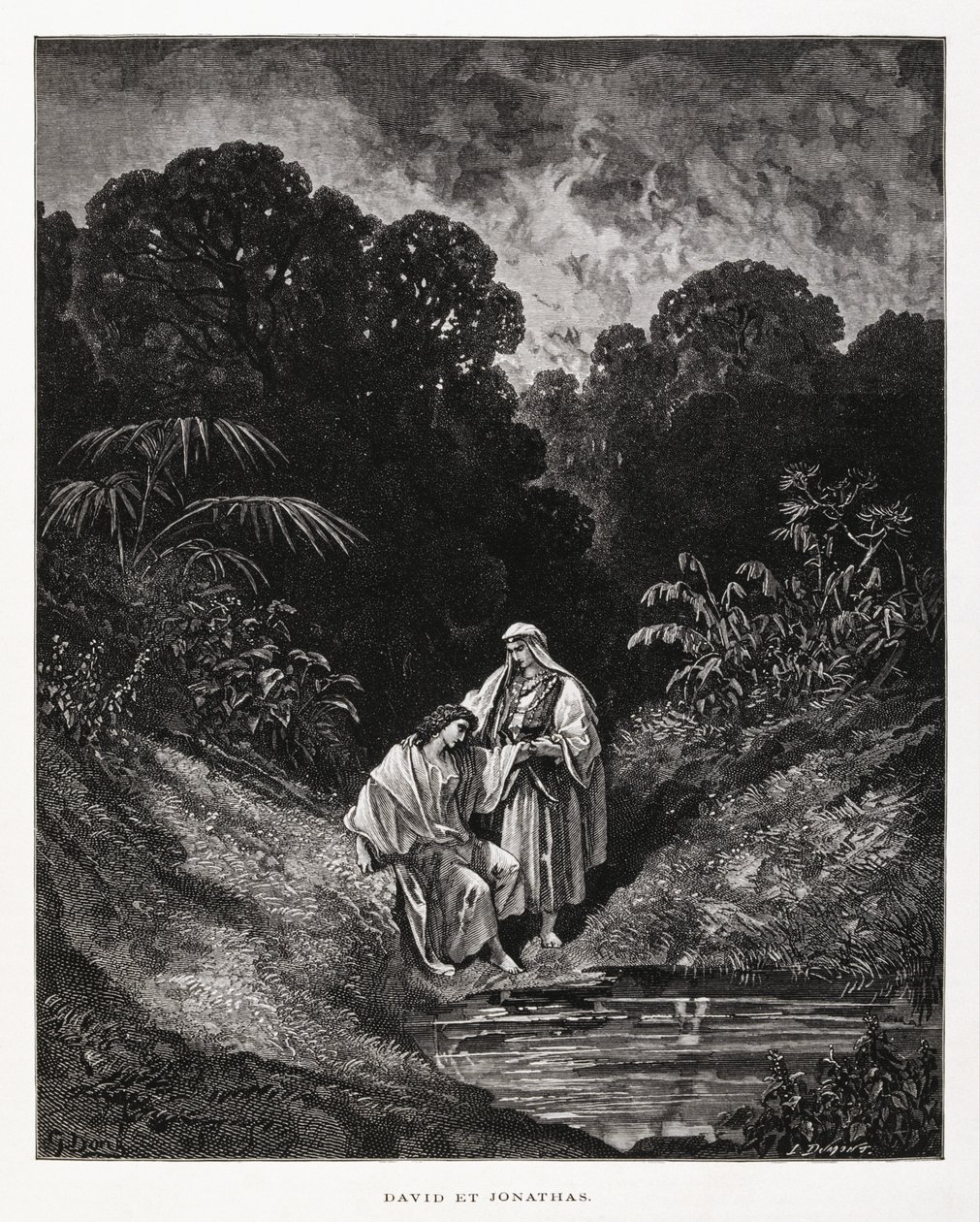 David e Jónatas, figuras heróicas do Reino de Israel, que fizeram um pacto de amizade registado nos livros de Samuel, Ilustração da Bíblia de Dore de Gustave Dore