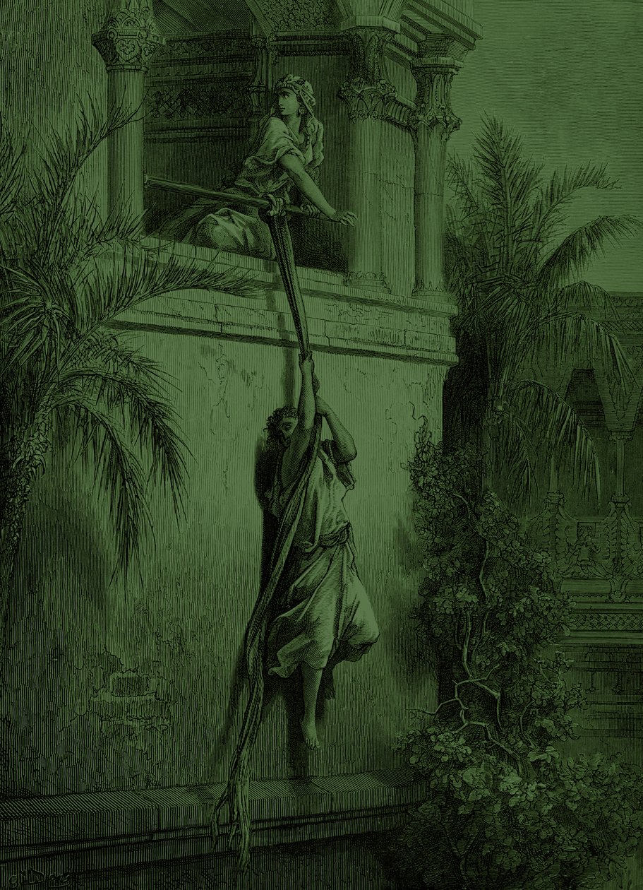 A fuga de David através da janela, por Doré. - Bíblia de Gustave Dore