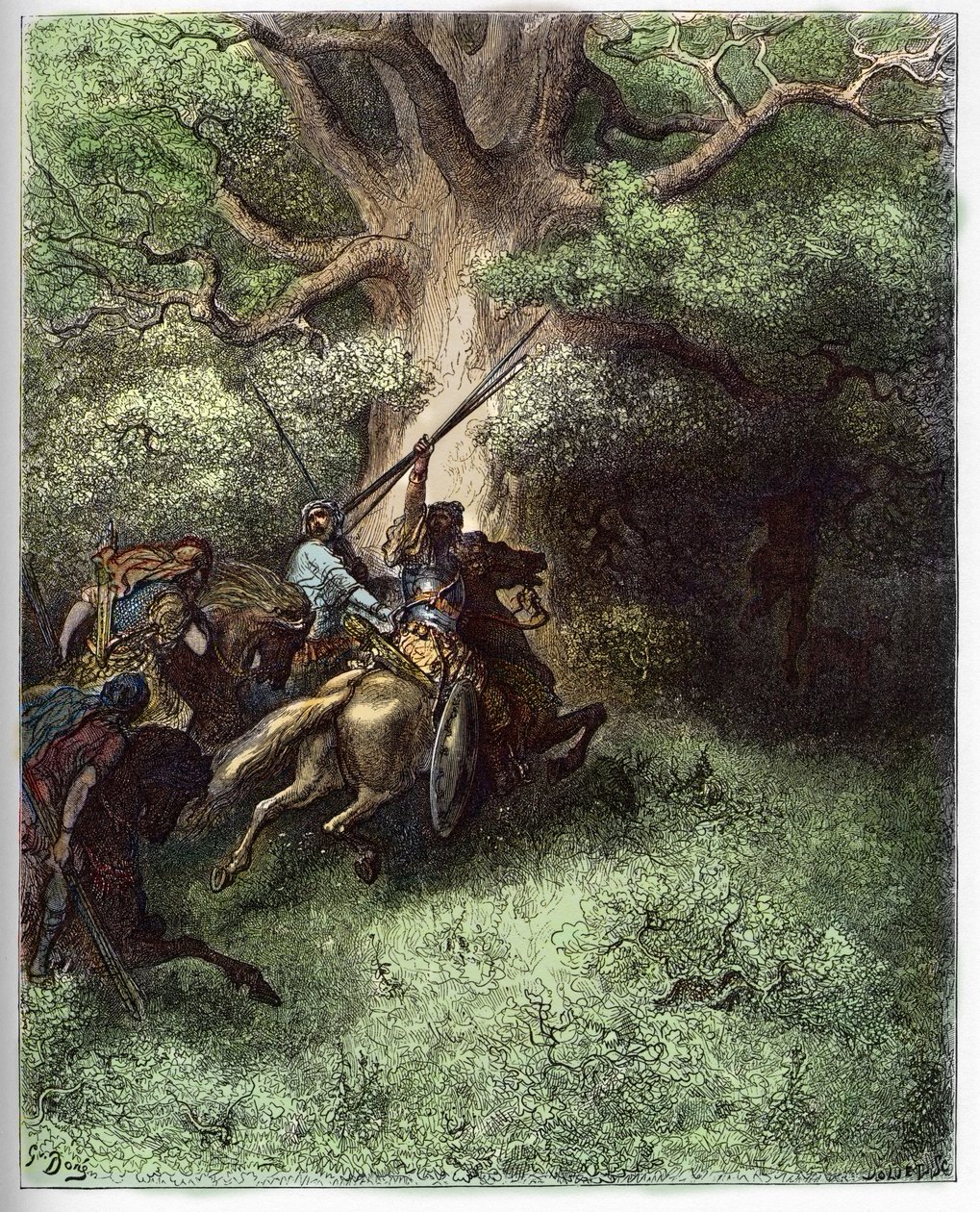 Morte de Absalom (Avshalom) - A morte de Absalom (ou Avshalom, Absalon). Após a derrota contra as tropas de seu pai, Absalão permaneceu suspenso pelos galhos de uma árvore fugindo do campo de batalha - gravada em "A ilustração bíblica" por Gustave Dore (18 de Gustave Dore