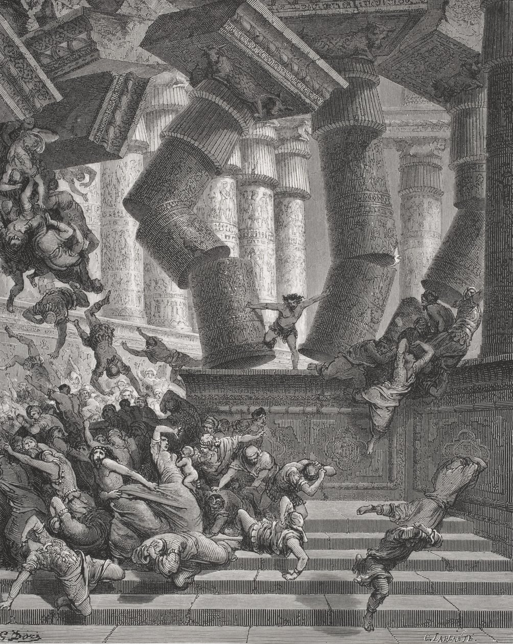 Morte de Sansão, Juízes 26: 28-30, ilustração da "Bíblia Sagrada" de Dore, gravada por G.Larlante, 1866 (gravura) de Gustave Dore
